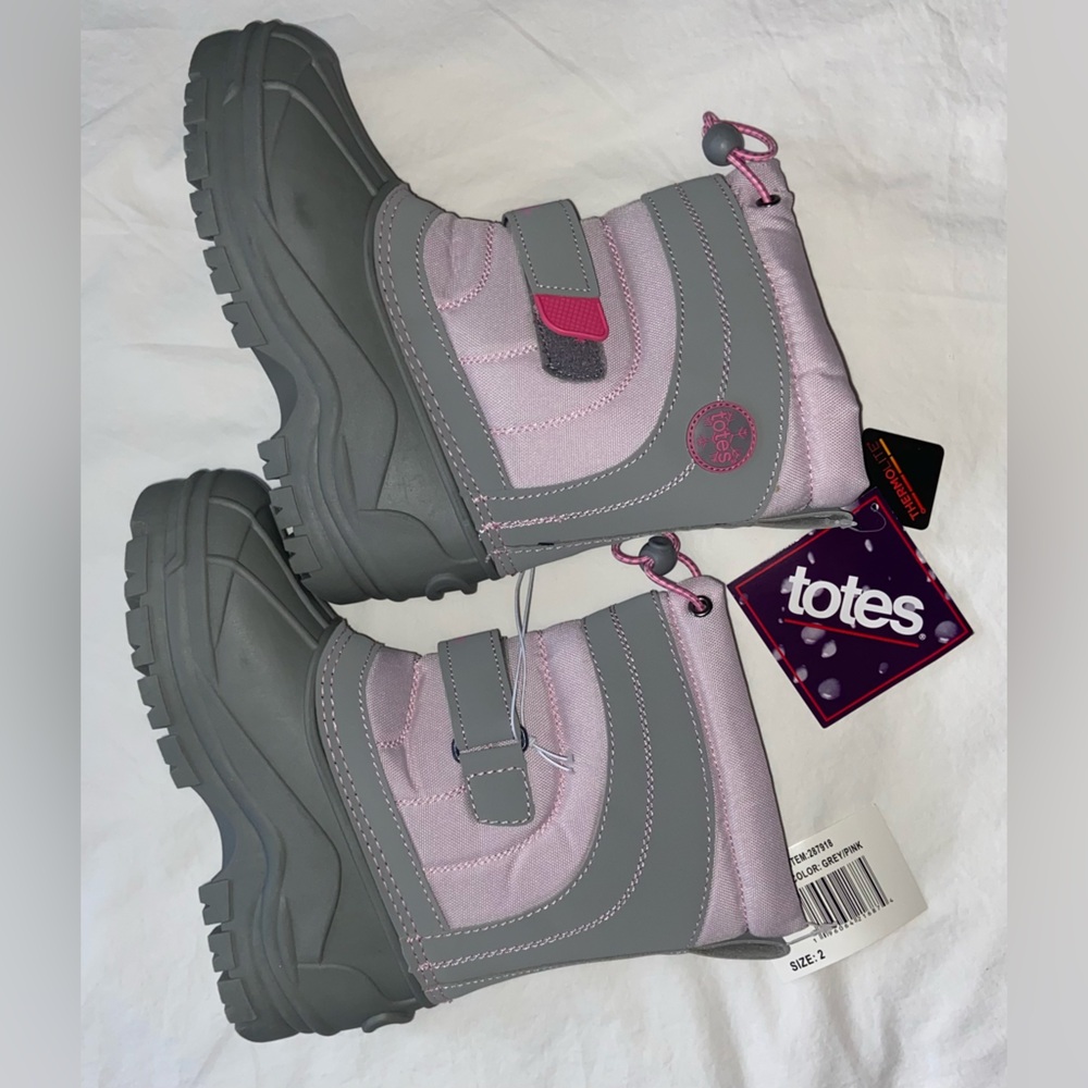 NWT Totes Sz-2 GS Kids Pink/Gray Warm Winter Snow Boots-Great Tread, Easy On/Off - Picture 16 of 16